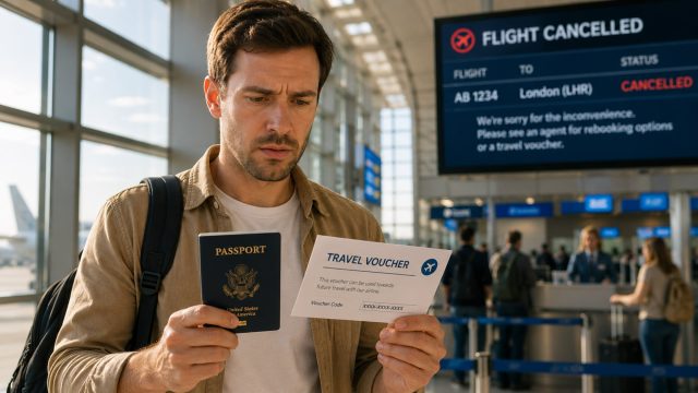 Concerned passenger in an airport terminal holding a passport and travel voucher while a flight cancelled notice appears on a screen behind him.