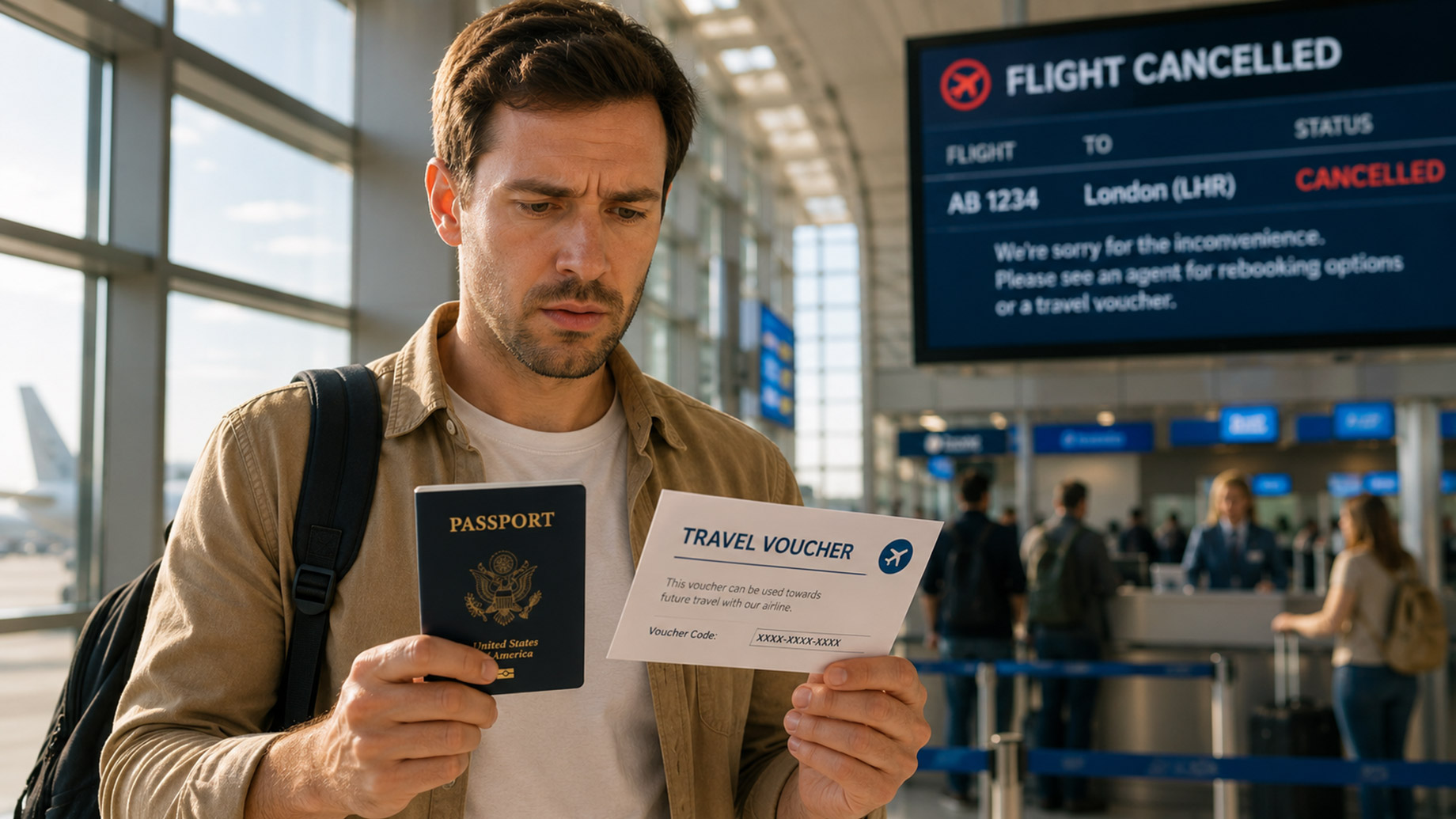 Concerned passenger in an airport terminal holding a passport and travel voucher while a flight cancelled notice appears on a screen behind him.