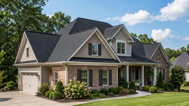 Large Peachtree City home with a dark shingle roof, brick exterior, cream siding accents, black shutters, landscaped front yard, and blue sky with scattered clouds.