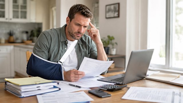 Injured man wearing an arm sling reviews medical bills, insurance papers, and legal documents at a home table with a laptop and calculator.