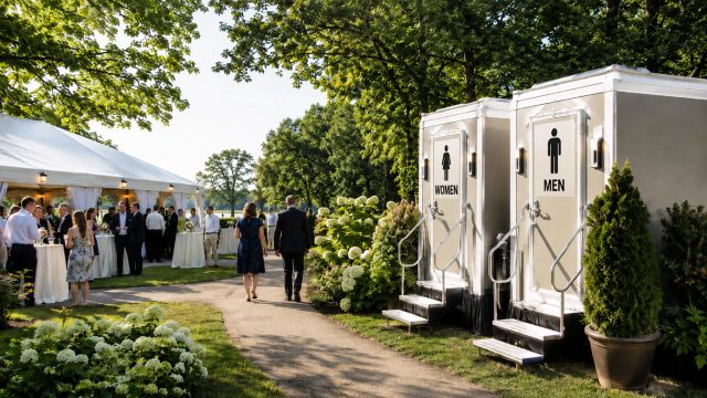 Luxury portable restroom trailers with clear men’s and women’s signs beside a landscaped garden path at an outdoor event.
