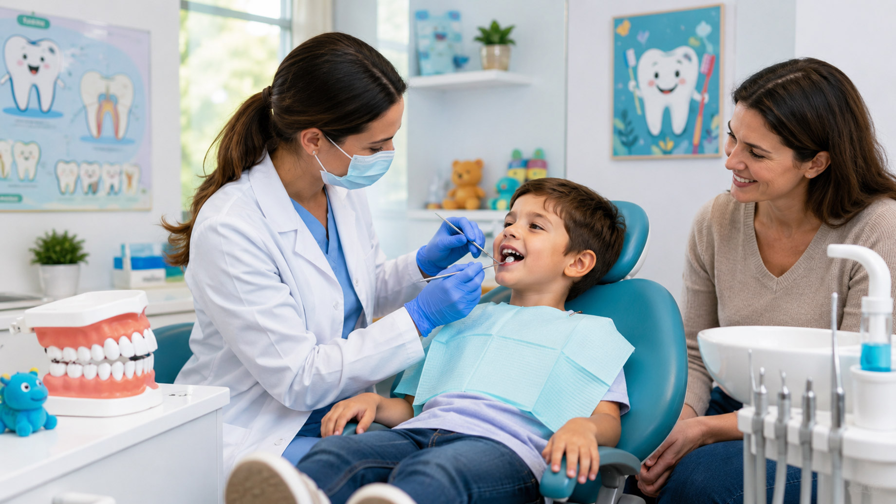 Pediatric dentist gently examining a smiling child’s teeth while a parent watches in a bright, child-friendly dental clinic.