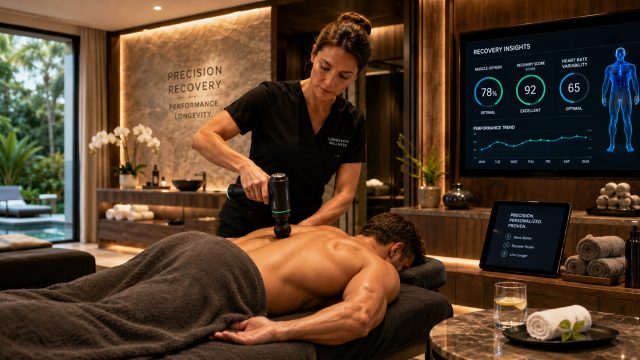 Therapist using a percussive massage device on a client in a luxury spa treatment room with wellness data screens.