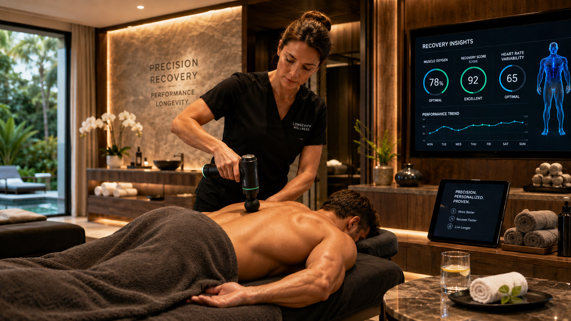 Therapist using a percussive massage device on a client in a luxury spa treatment room with wellness data screens.
