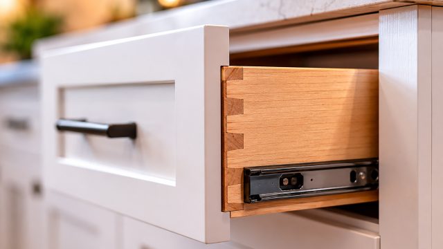 Close-up of a modern white kitchen drawer with a recessed panel front, natural wood drawer box, dovetail joinery, and metal soft-close slide hardware.