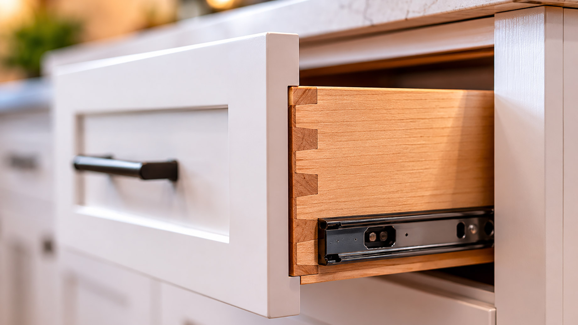 Close-up of a modern white kitchen drawer with a recessed panel front, natural wood drawer box, dovetail joinery, and metal soft-close slide hardware.