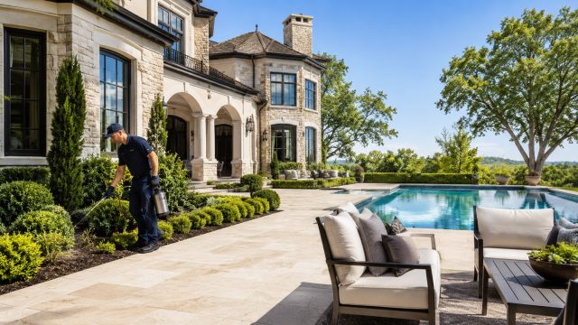 Pest prevention specialist treating landscaped garden beds beside a luxury estate with a swimming pool, outdoor seating, and clear blue sky.