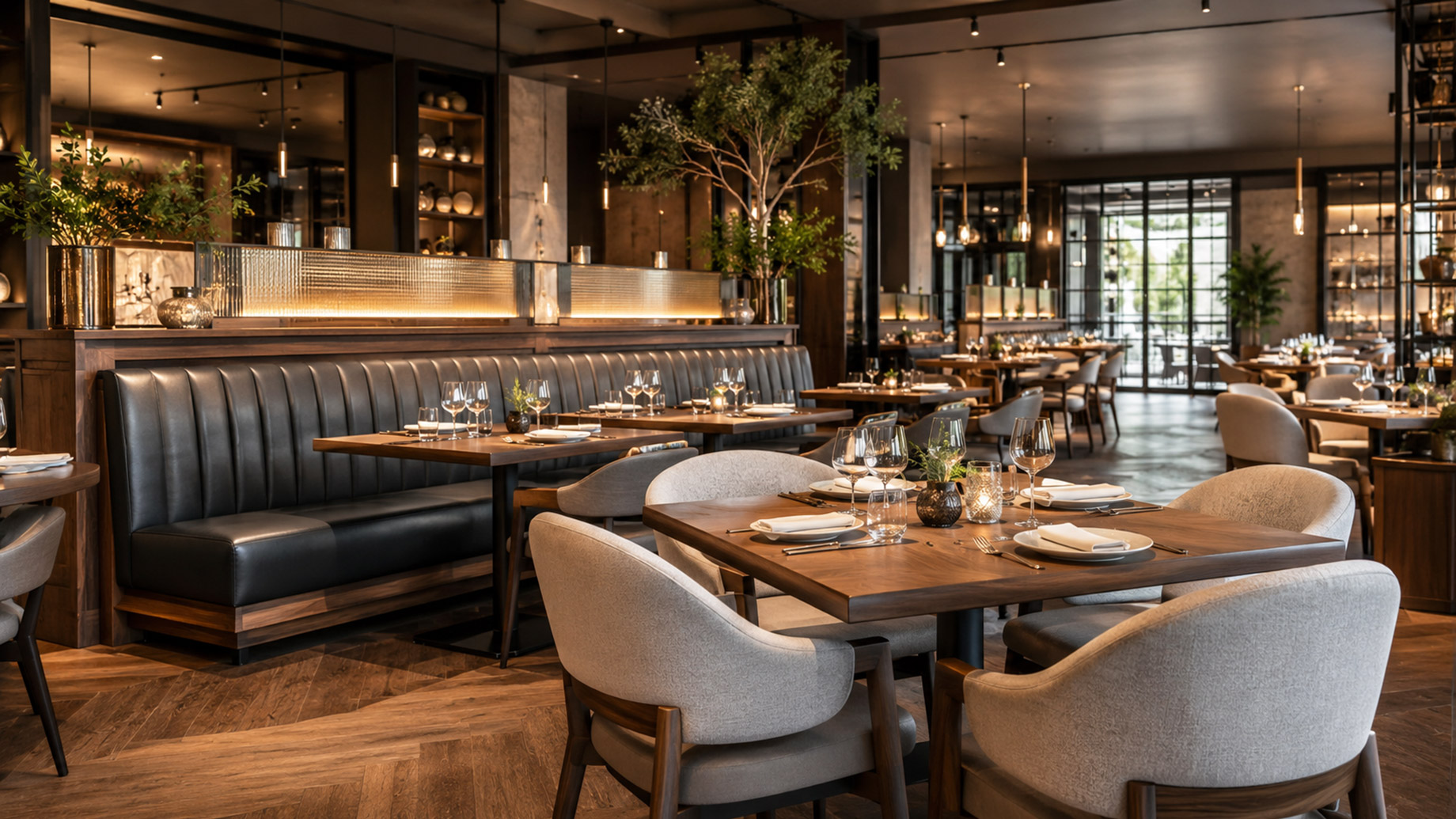 Upscale modern restaurant interior with upholstered dining chairs, wood tables, booth seating, warm lighting, and refined commercial furniture.