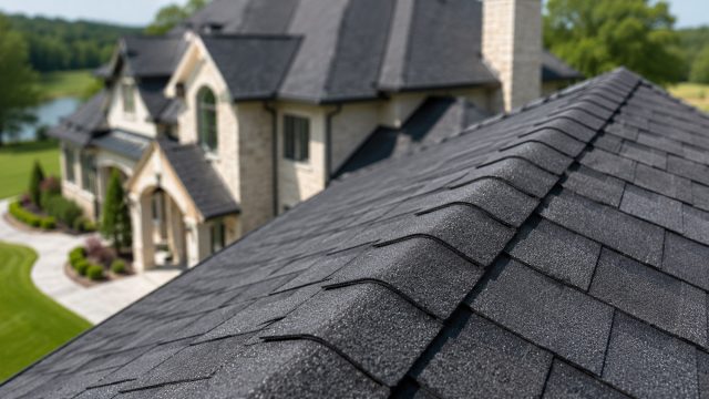 Textured dark roofing shingles on a luxury home exterior, highlighting durable roof materials, craftsmanship, and replacement value.