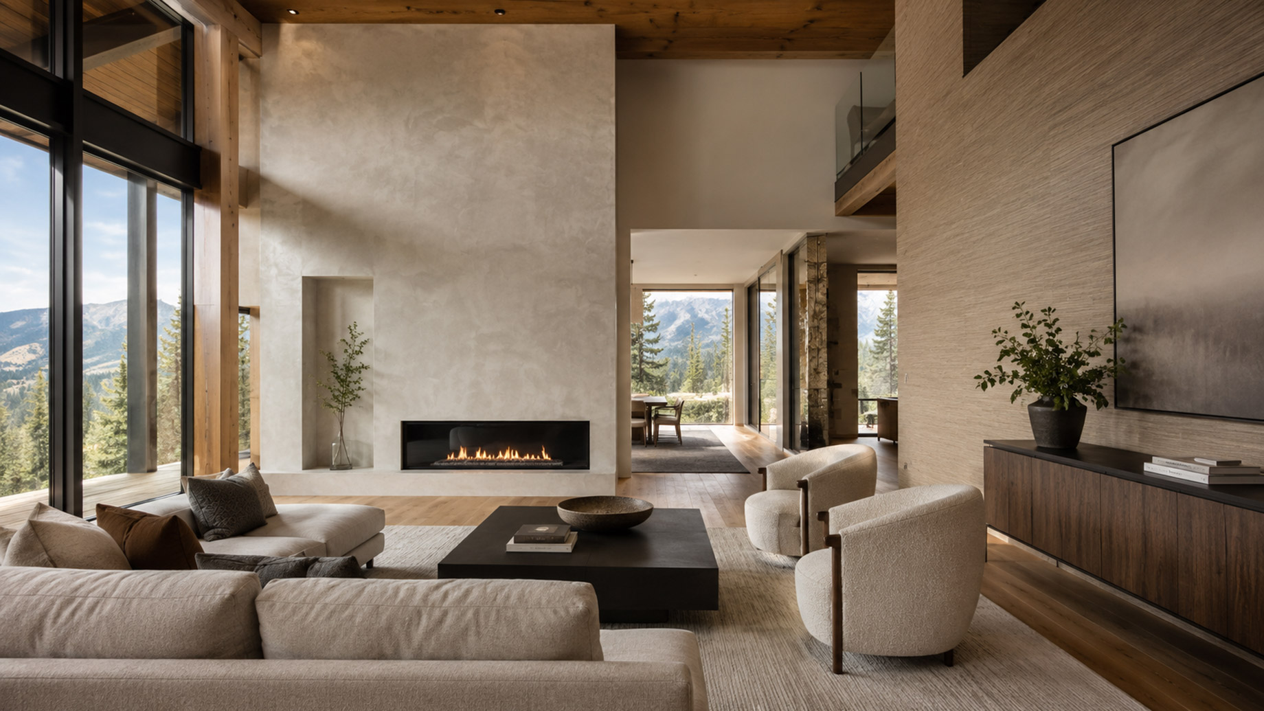 Modern Colorado living room with textured plaster walls, grasscloth-style wallcovering, large windows, mountain views, wood ceilings, neutral furniture, and a sleek fireplace.
