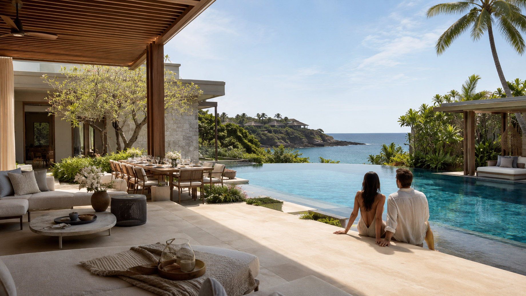 Couple relaxing beside an infinity pool at a private luxury villa overlooking the ocean with outdoor dining and lounge areas.