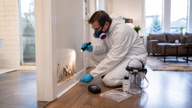 Mold inspector wearing protective gear testing black mold growth near a baseboard inside a modern home.