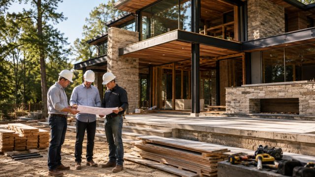 Construction professionals reviewing building plans outside a luxury modern home under construction with stonework, timber materials, large glass panels, and a clean job site.
