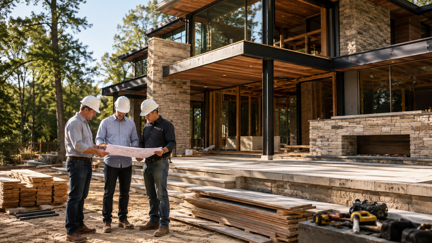 Construction professionals reviewing building plans outside a luxury modern home under construction with stonework, timber materials, large glass panels, and a clean job site.