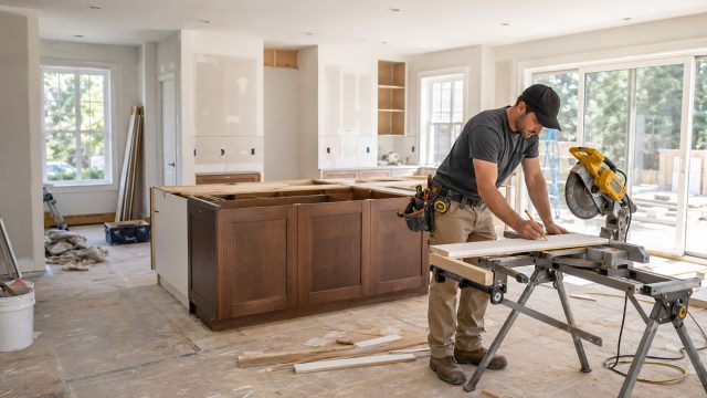 Skilled contractor measuring trim at a saw station inside a bright home renovation with unfinished kitchen cabinetry, drywall, large windows, and construction materials.