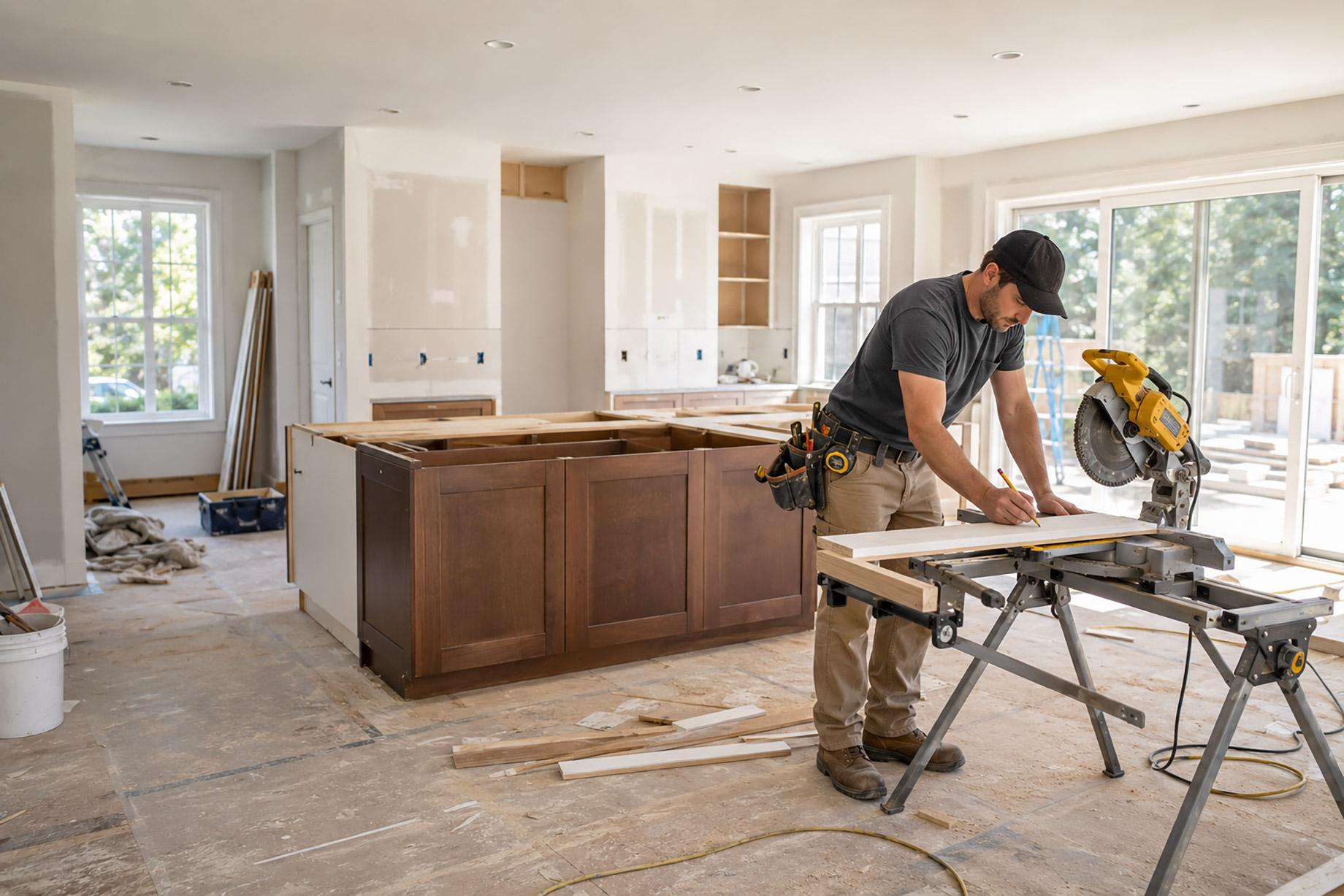 Skilled contractor measuring trim at a saw station inside a bright home renovation with unfinished kitchen cabinetry, drywall, large windows, and construction materials.