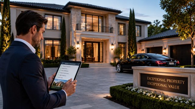 Property manager reviewing a tablet outside a luxury mansion with manicured landscaping, warm exterior lighting, and a black car in the driveway.