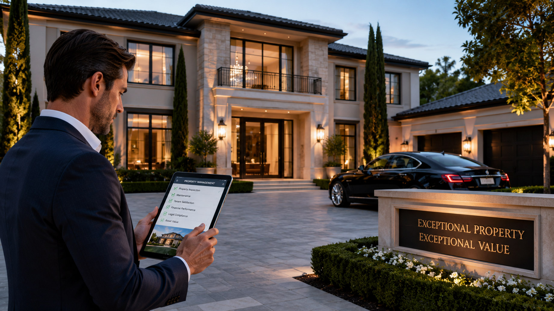 Property manager reviewing a tablet outside a luxury mansion with manicured landscaping, warm exterior lighting, and a black car in the driveway.