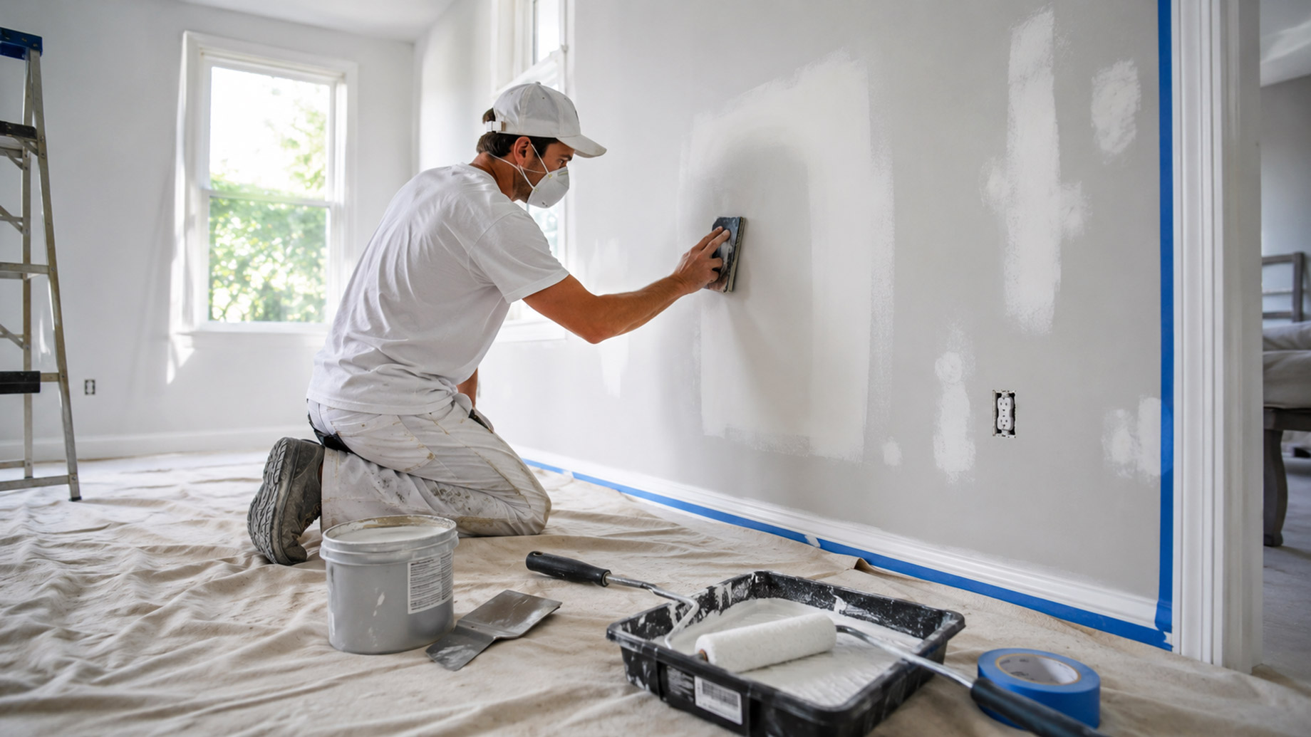 Painter sanding and patching an interior wall before applying paint, with drop cloths, tools, primer, and painterβs tape in the room.