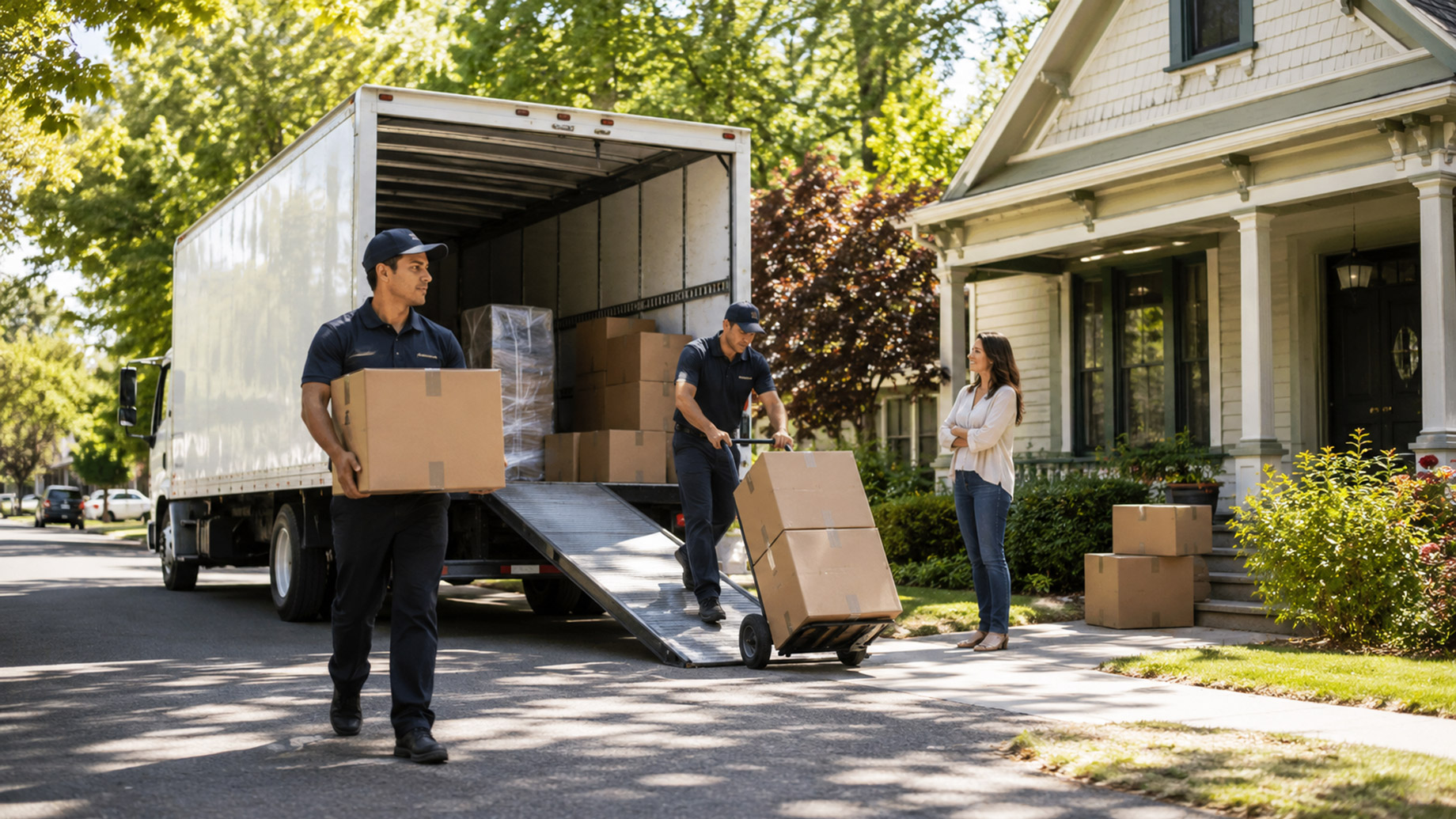 Movers load cardboard boxes into a truck outside a tree-lined Woodland, California home while a homeowner watches during an organized local move.