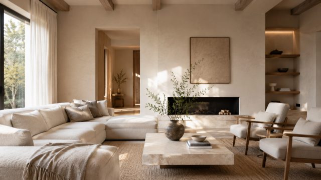 Minimalist luxury living room with soft neutral tones, textured walls, low stone coffee table, cream sofa, wood accents, and warm daylight.
