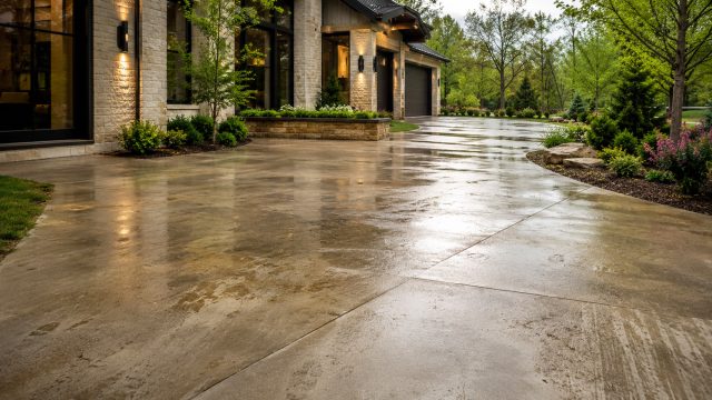 Wet concrete driveway outside a luxury modern home after spring rain, showing subtle runoff streaks, damp patches, landscaped greenery, and warm exterior lighting.