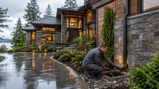 A home maintenance specialist inspects an exterior drainage system beside a luxury Seattle-area residence with wet walkways, stone siding, cedar accents, and evergreen landscaping.