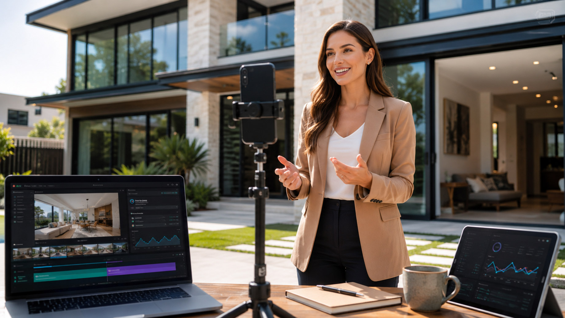 Real estate agent filming a video tour outside a modern luxury home with a smartphone, laptop, and analytics dashboard nearby.