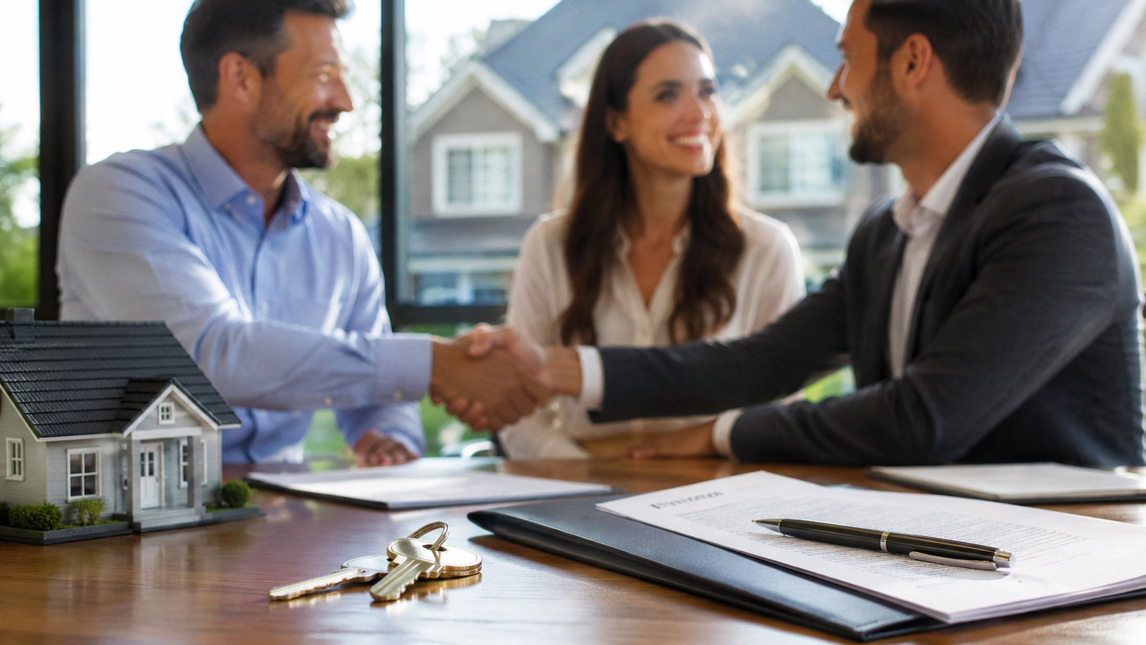 Real estate closing scene with house keys, title documents, a model home, and buyers shaking hands during a property sale.