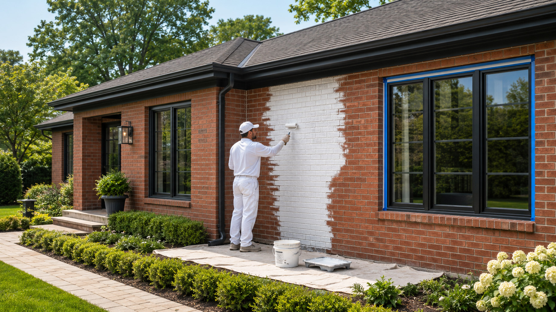 Professional painter applying white paint to the red brick exterior of a single-level bungalow with taped windows and drop cloths.