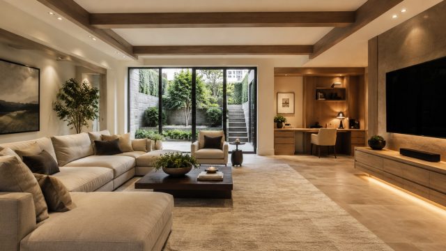 Minimalist premium basement with a large sectional sofa, warm wood accents, media wall, home office nook, and garden-level natural light.
