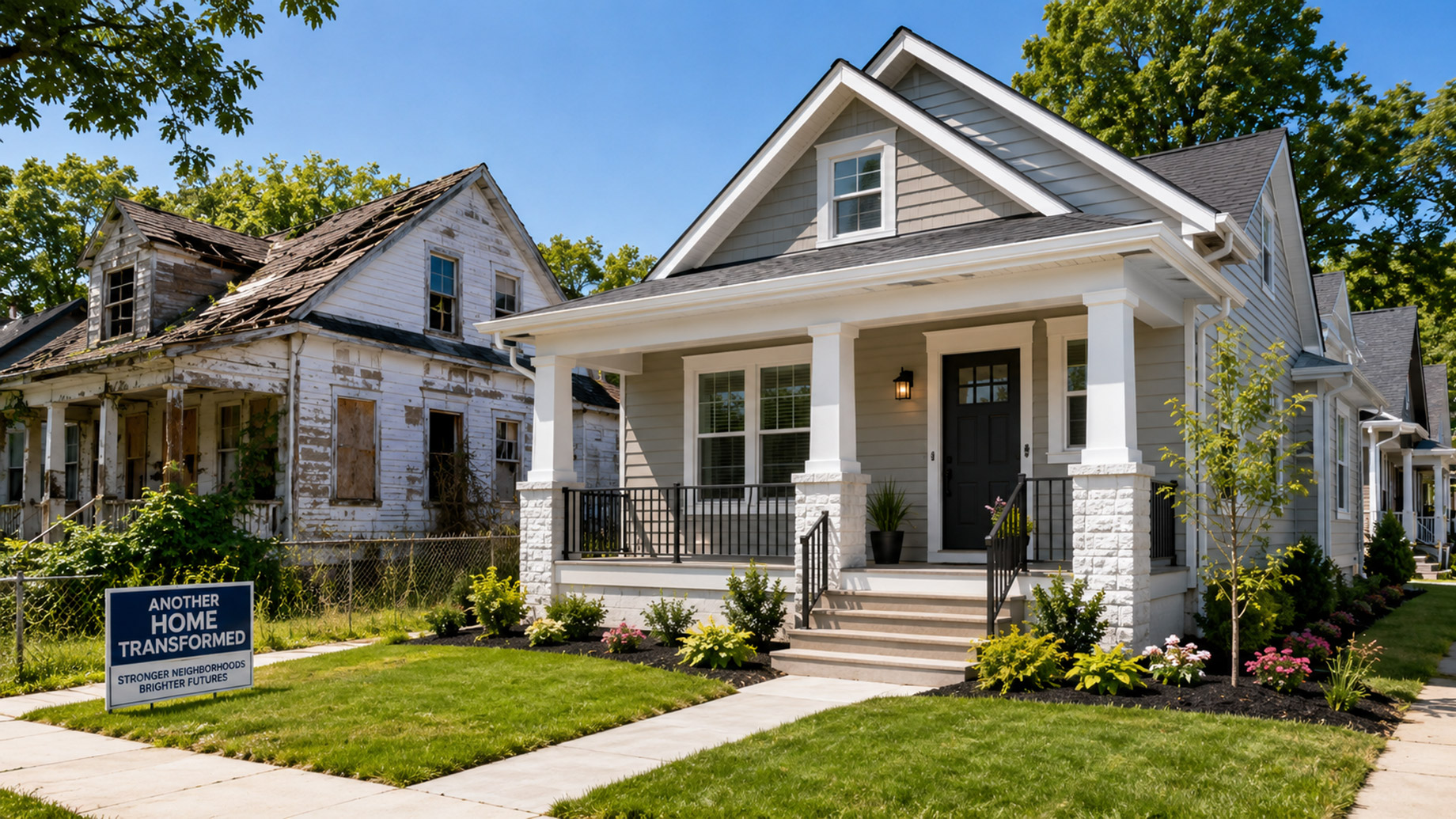 Freshly renovated suburban home with landscaped lawn beside a neglected fixer-upper, showing neighborhood revitalization through property restoration.