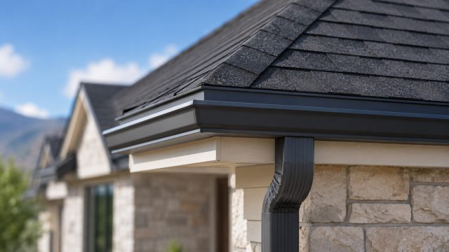 Macro view of a repaired roof corner on a luxury home with dark shingles, clean flashing, black guttering, stone exterior details, and a softly blurred background.
