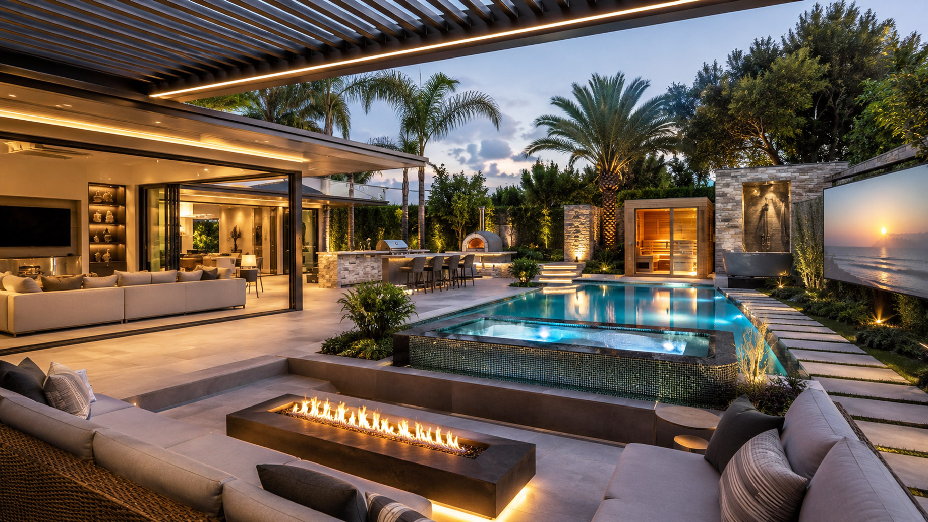 A modern luxury backyard features an illuminated pool, outdoor kitchen, fire lounge, pergola, wellness sauna, and seamless indoor-outdoor living at dusk.