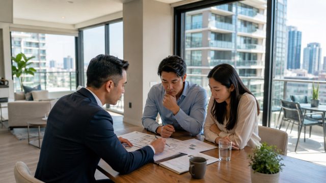 Couple meeting with a real estate agent in a modern condo while reviewing floor plans and purchase documents.