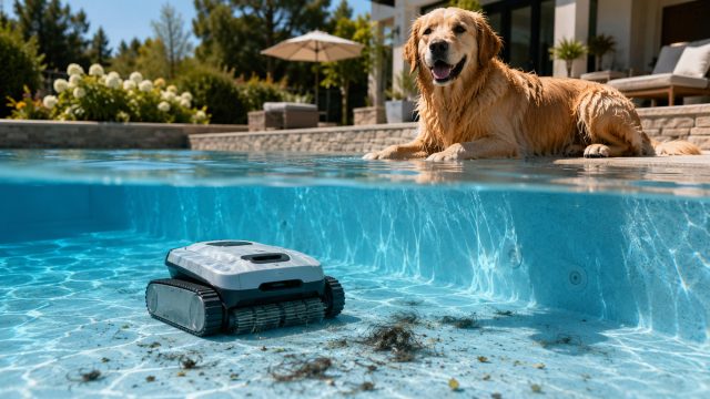 Wet golden retriever beside a backyard pool while a robotic pool cleaner removes pet hair and debris from the clear blue water.