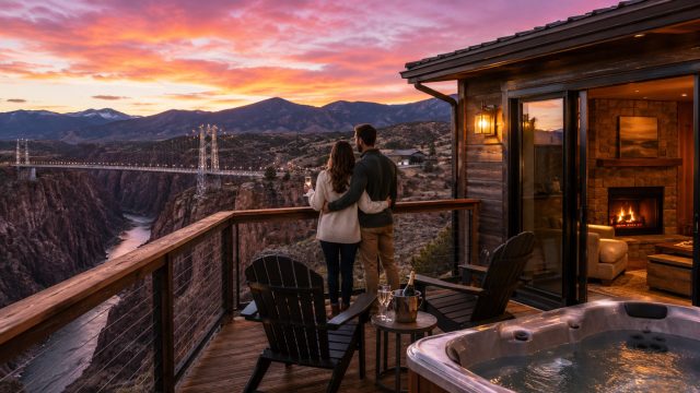A couple stands together on a private cabin deck overlooking the Royal Gorge Bridge, canyon cliffs, mountains, and a glowing sunset.