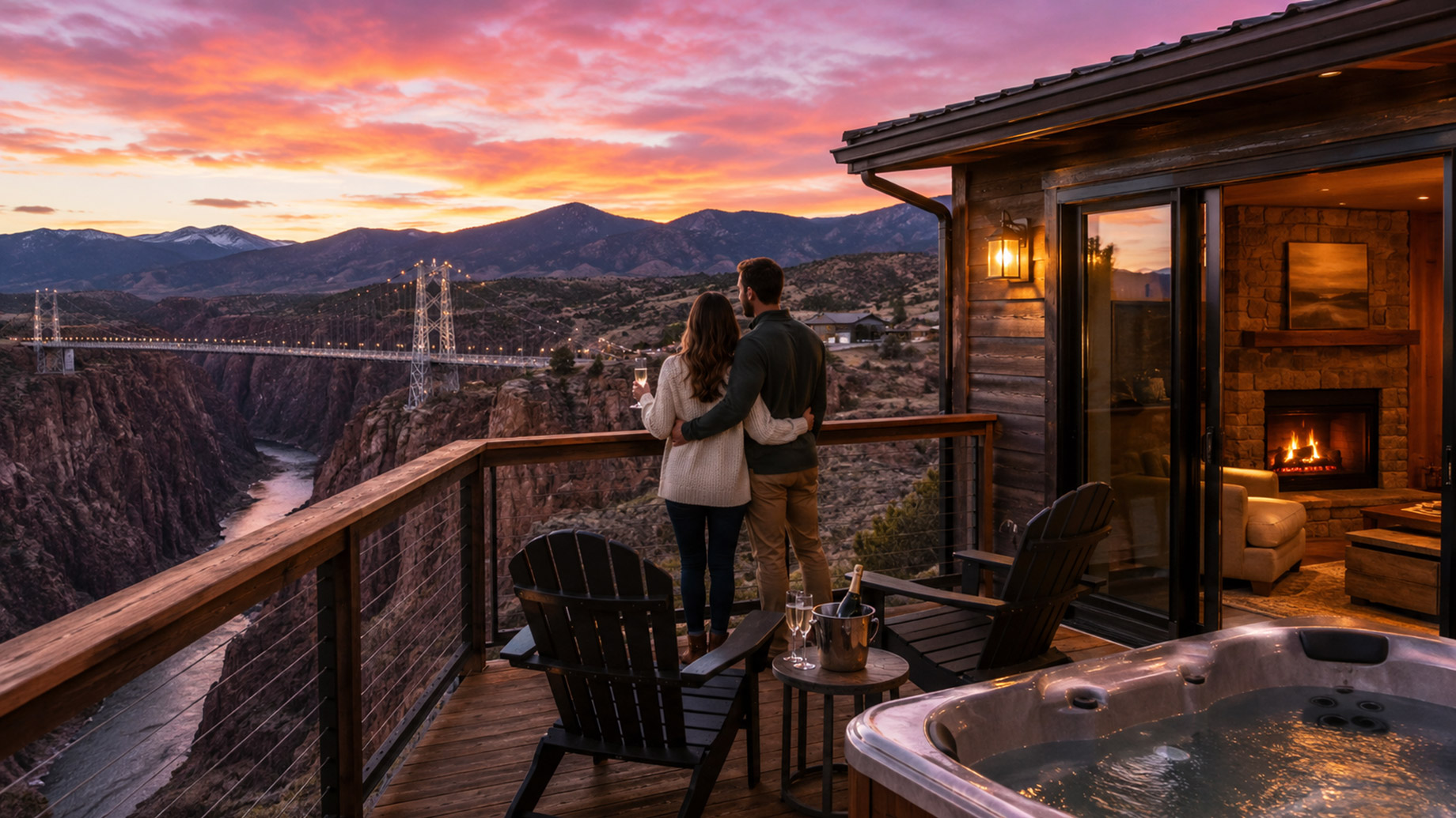 A couple stands together on a private cabin deck overlooking the Royal Gorge Bridge, canyon cliffs, mountains, and a glowing sunset.
