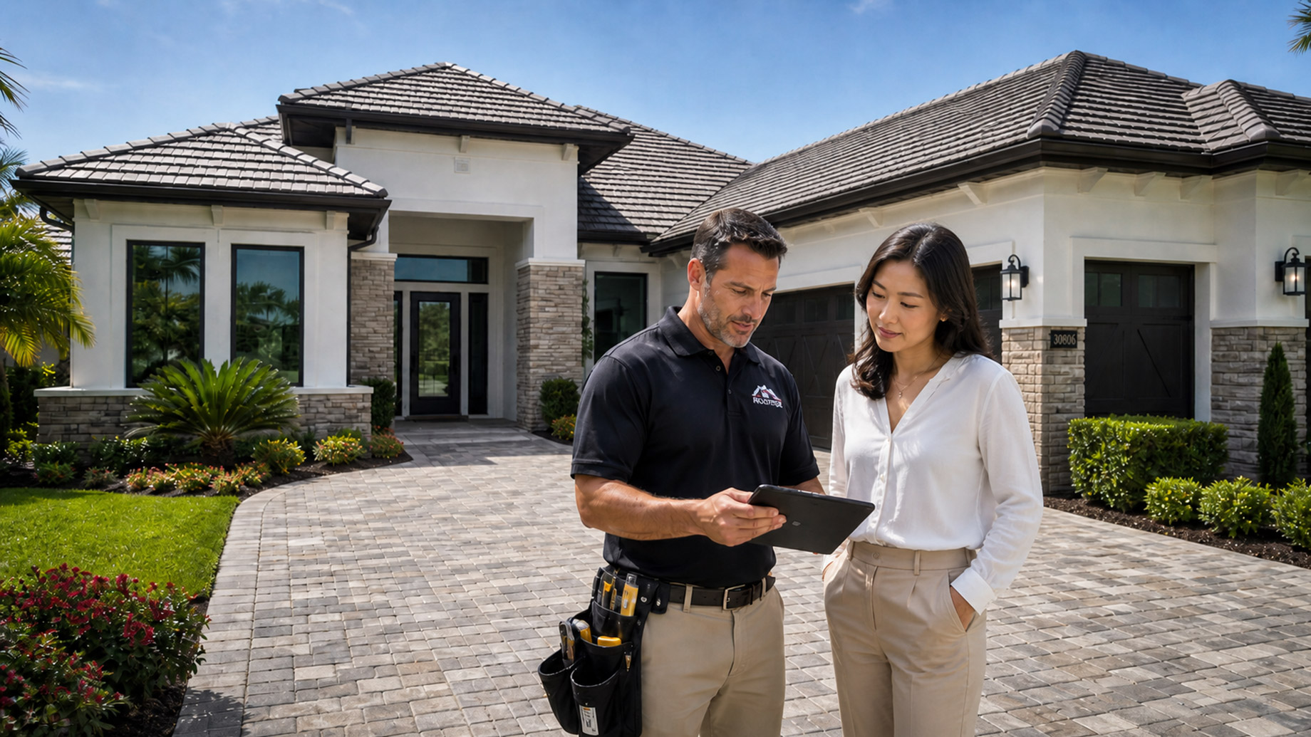 Roofing contractor reviewing a tablet with an Asian woman homeowner outside a luxury Florida home with a tiled roof, paver driveway, and manicured landscaping.