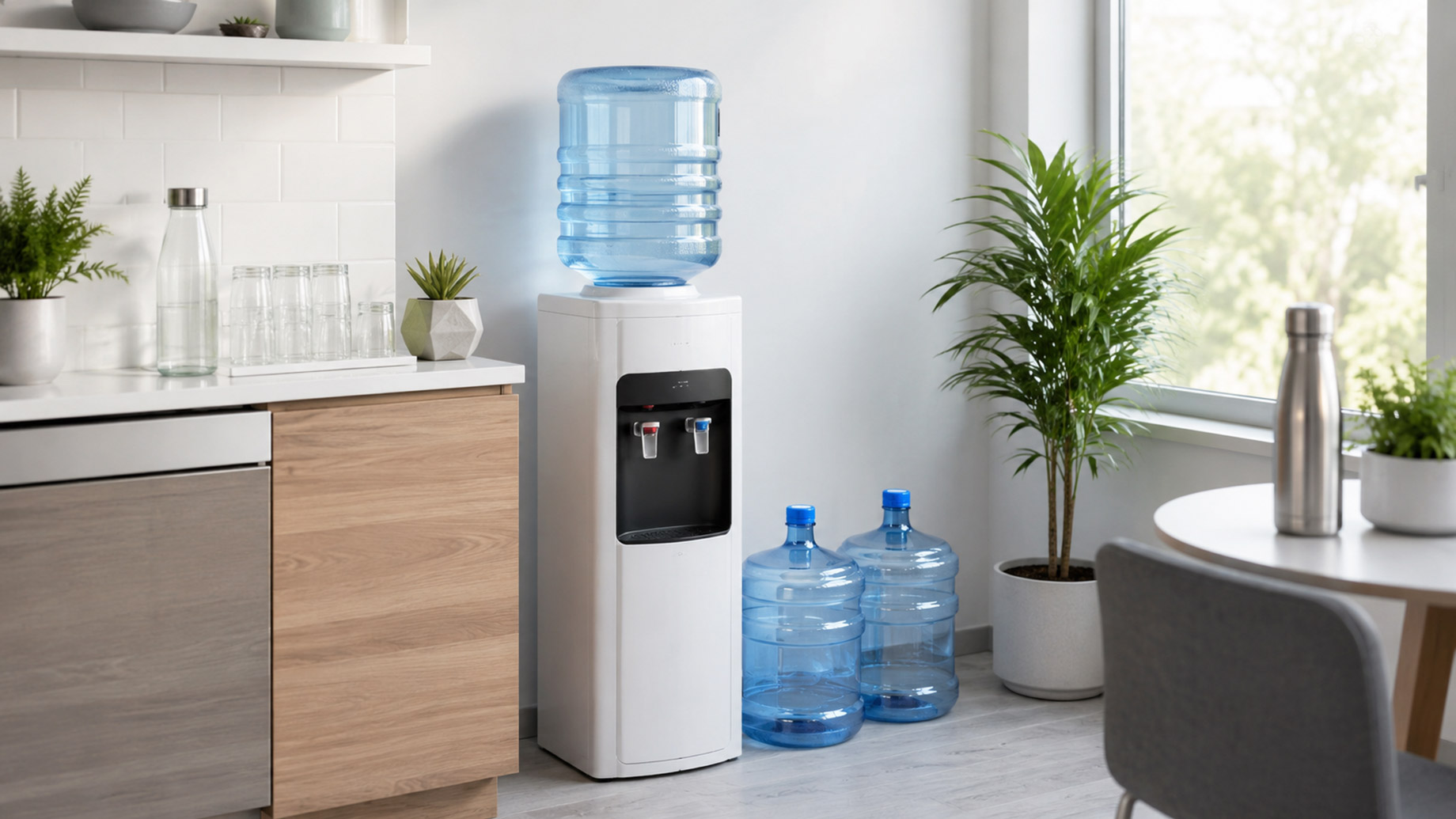 Water cooler with large refillable bottles in a bright modern kitchen or office break room.