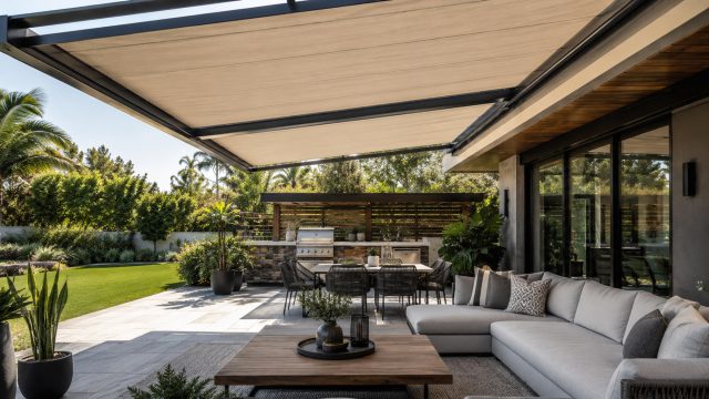 Modern backyard patio with a large retractable awning shading an outdoor lounge, dining area, and kitchen.