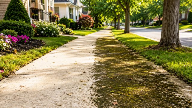 A suburban sidewalk shows a clear contrast between bright clean concrete and dark moss-stained sections beneath mature trees and dappled shade.