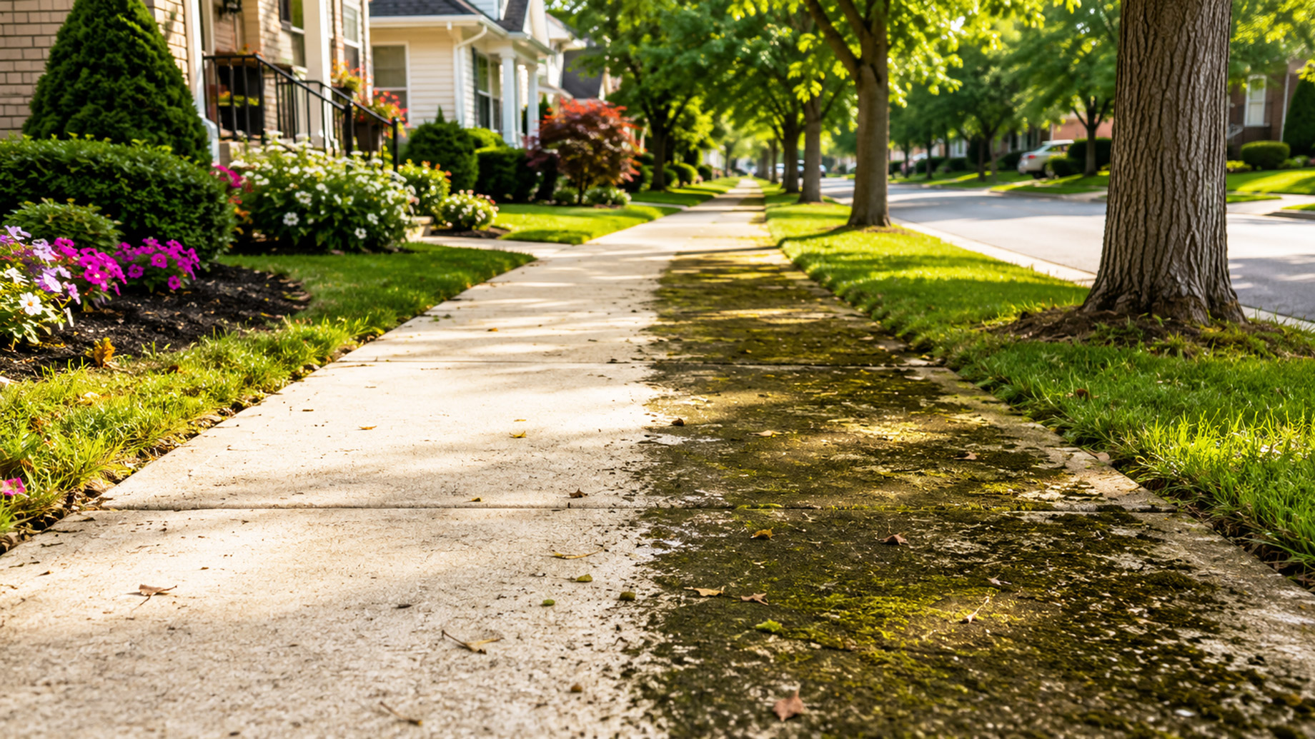 A suburban sidewalk shows a clear contrast between bright clean concrete and dark moss-stained sections beneath mature trees and dappled shade.
