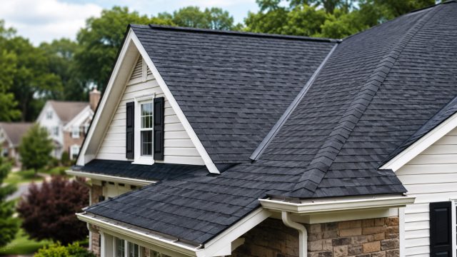 Close view of a suburban Pennsylvania home with dark asphalt shingles, white gutters, roof valleys, dormer-style architectural details, and a softly blurred neighborhood background.