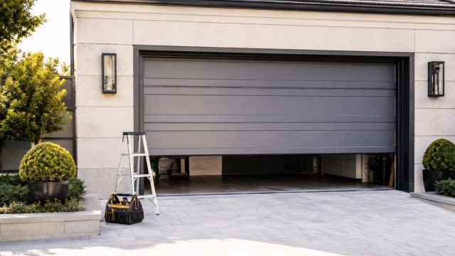 A modern luxury garage with a partially open gray door, clean driveway, ladder, and tool bag prepared for same-day repair service.