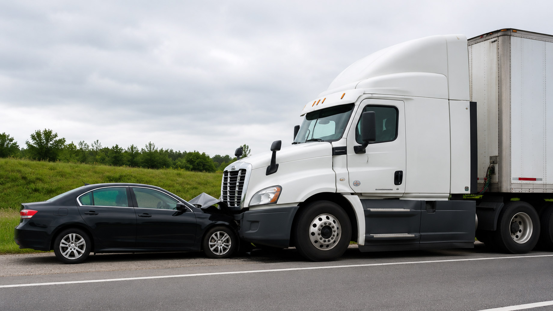 Black sedan involved in a collision with a large white semi-truck on the side of a rural highway.