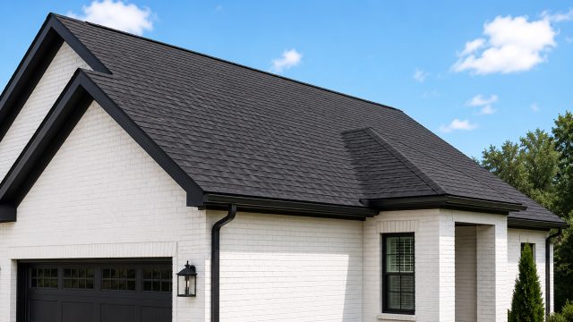 White brick Charlotte home with a dark shingle roof, black gutters, black garage door, clean rooflines, and a bright blue sky overhead.