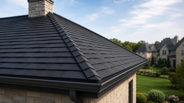Close-up of a dark slate roof corner with aligned ridge tiles, matching gutters, stone exterior walls, and an upscale landscaped neighborhood in the background.