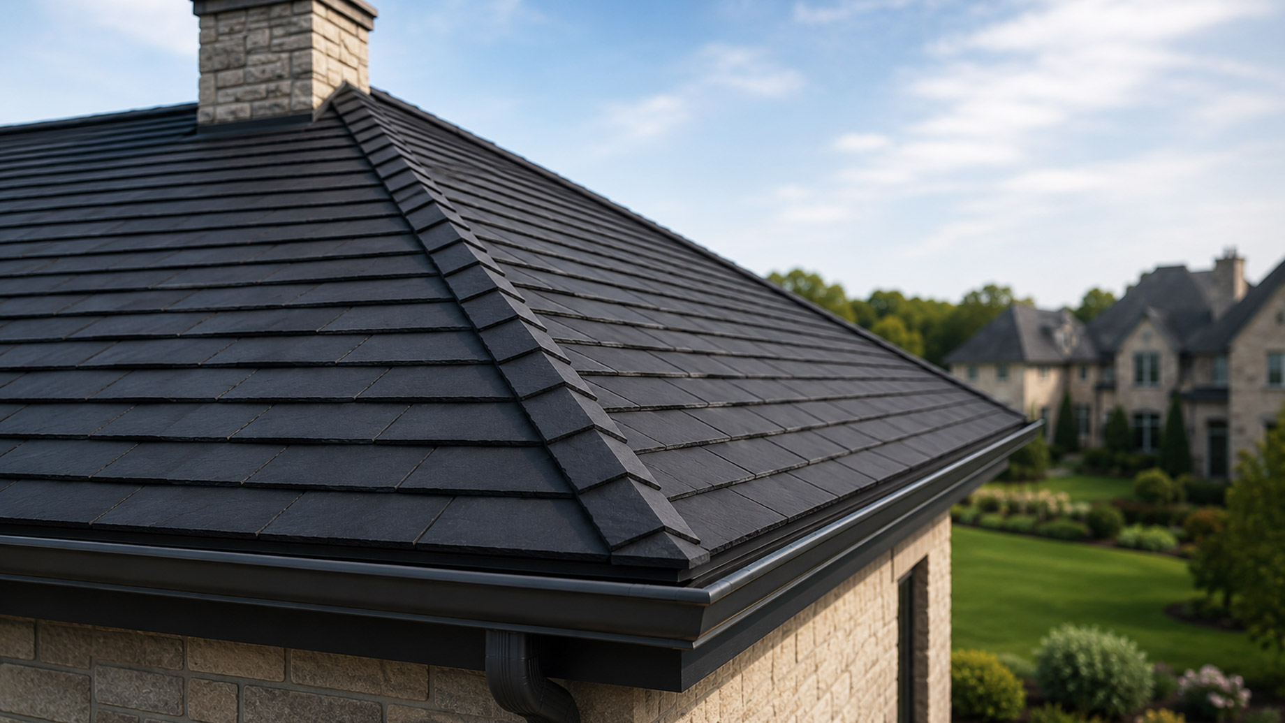 Close-up of a dark slate roof corner with aligned ridge tiles, matching gutters, stone exterior walls, and an upscale landscaped neighborhood in the background.