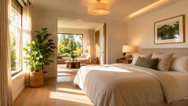 Warm, sunlit bedroom with soft lighting, natural materials, indoor plants, and a calm minimalist design that supports healthy sleep.